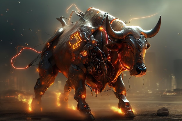 Image of a bull modified into a electronics robot on a dark background Wildlife Animals Illustration Generative AI