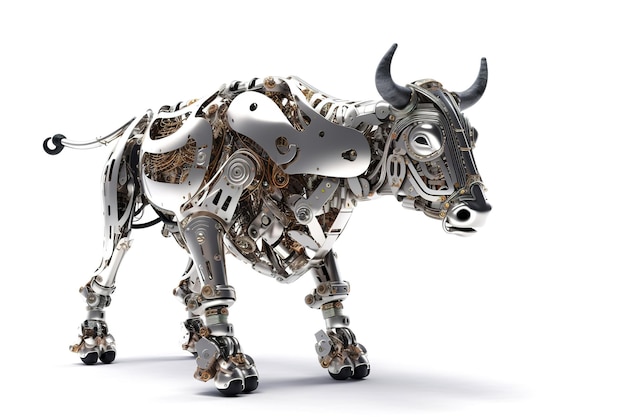 Image of a bull modified into a robot on a white background Wild animal Illustration Generative AI