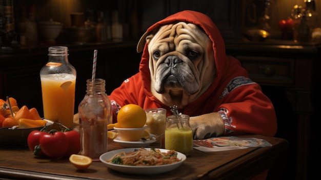 Image of a bulldog eating food in a sweatsuit