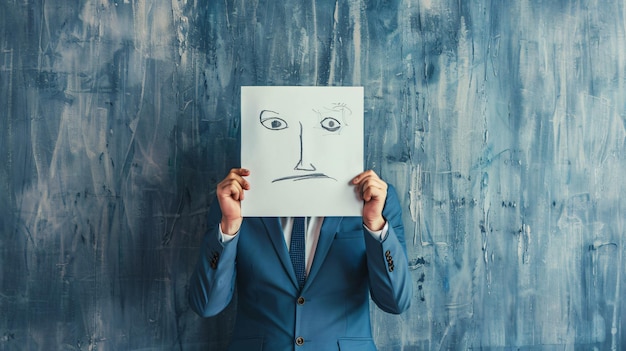 Photo image of businessman holding drawing against face