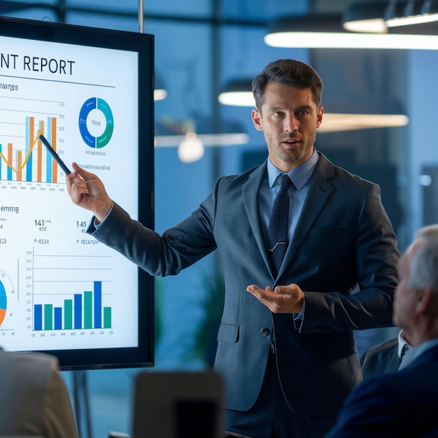 An image of a businessman standing in front of a large presentation screen