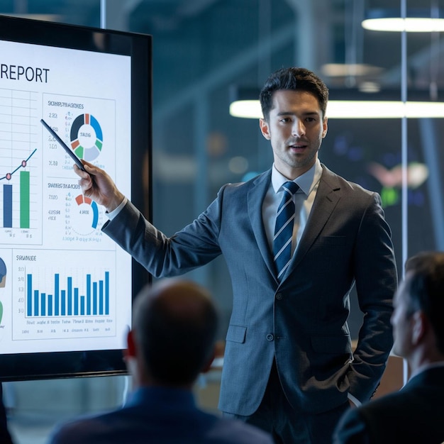 An image of a businessman standing in front of a large presentation screen