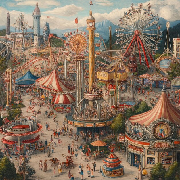 Image of a bustling amusement park with various rides and attractions