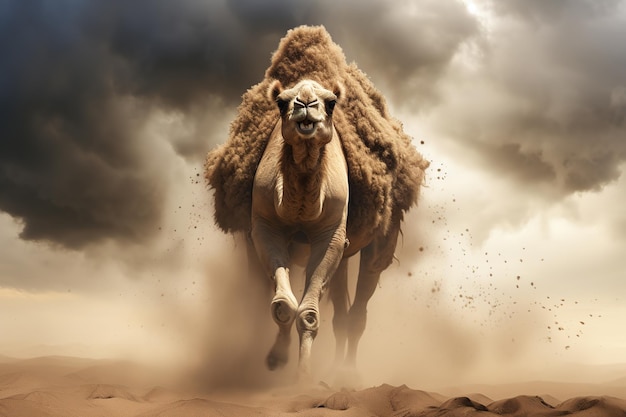 Image of camel running in the middle of the desert in a violent sandstorm Wildlife Animals Generative AI Illustration