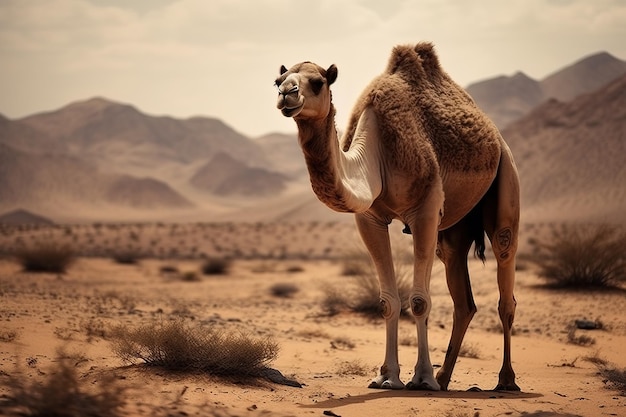 Image of a camel standing in the middle of the arid desert Wildlife Animals Illustration Generative AI