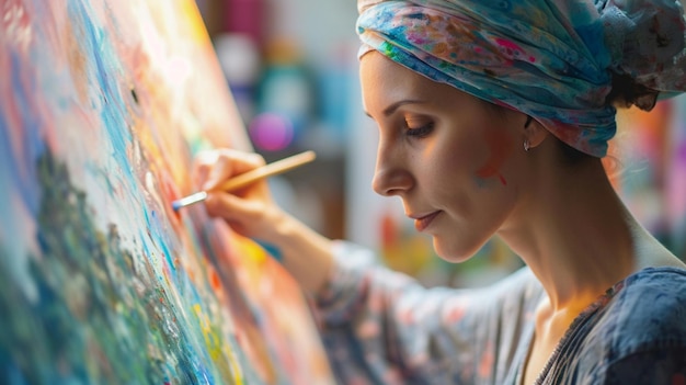 Photo an image of a cancer patient participating in a hospitalbased art therapy session expressing emoti