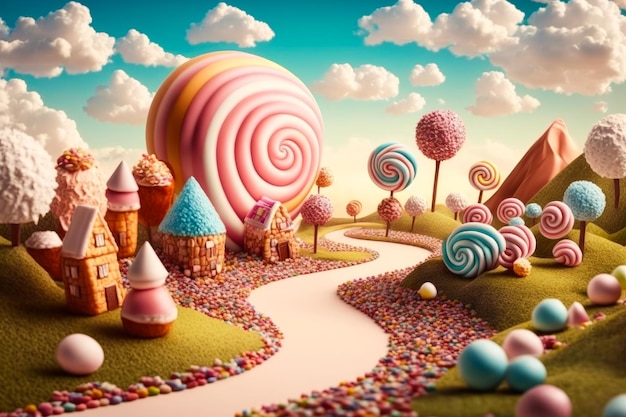 An image of candy land with road and houses Generative AI