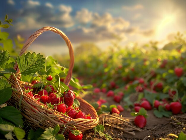 The image captures the abundance and freshness of strawberries with a warm summery feel