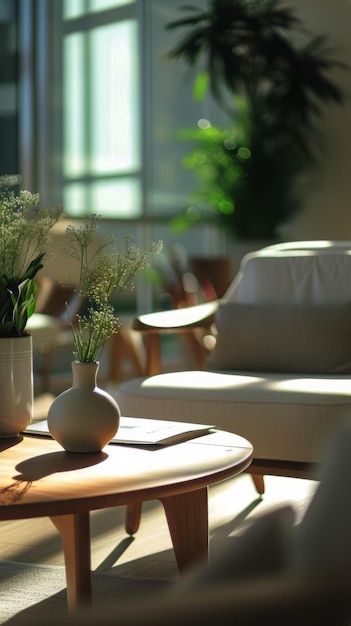 The image captures a fully furnished living room with various pieces of furniture and a potted plant as a decorative element