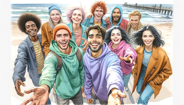 The image captures a group of young diverse friends enjoying a moment together on a beach