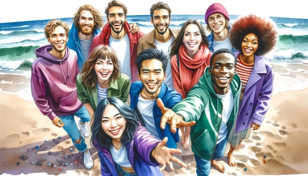 The image captures a group of young diverse friends enjoying a moment together on a beach