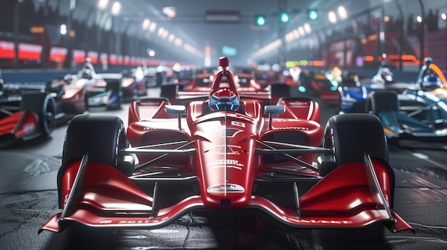 Photo image captures thrilling moment at indycar starting grid showcasing sleek red race cars lined up in anticipation of race atmosphere is electric filled with excitement and readiness