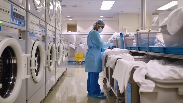 An image capturing a healthcare facilitys laundry operation where workers are diligently