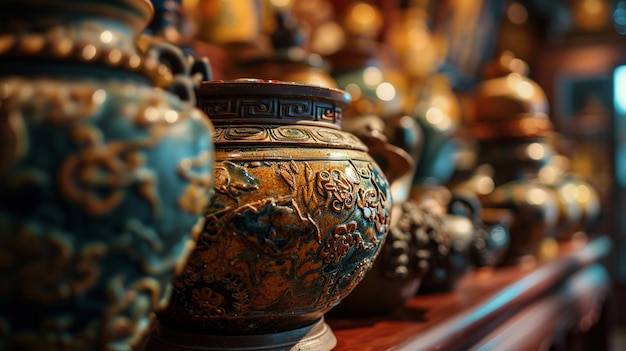 An image capturing the intricate beauty of Shang Dynasty ceramic pottery adorned with symbolic motif