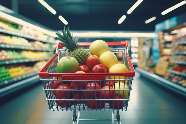 Image of cart full of products in supermarket