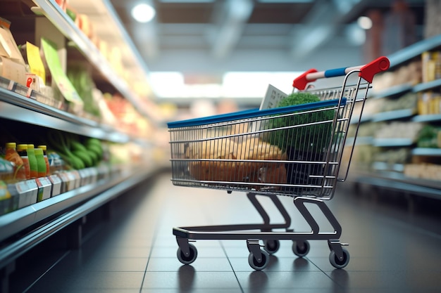 Image of cart full of products in supermarket