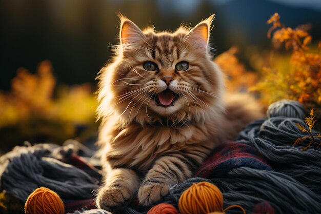 An image of a cat playing with a ball of yarn in the middle of the wilderness