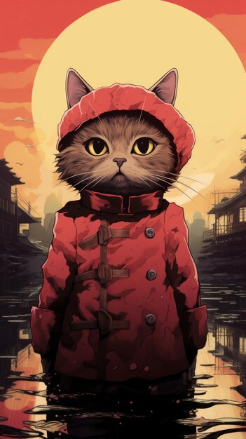 An image of a cat wearing a red coat standing in the water Generative AI