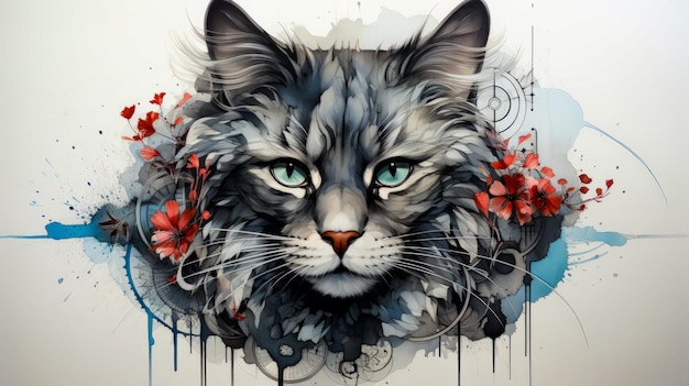 Image of cat with blue eyes and red flowers Generative AI