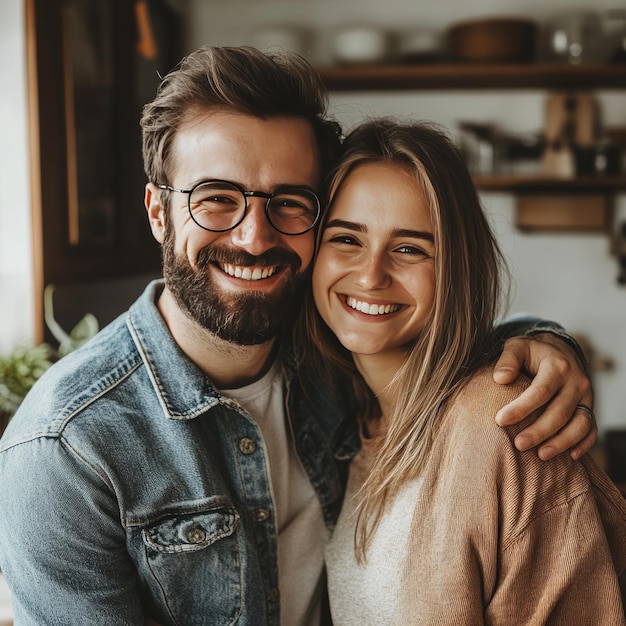 Photo image of caucasian couple hugging and smiling while standing in kitchen at home