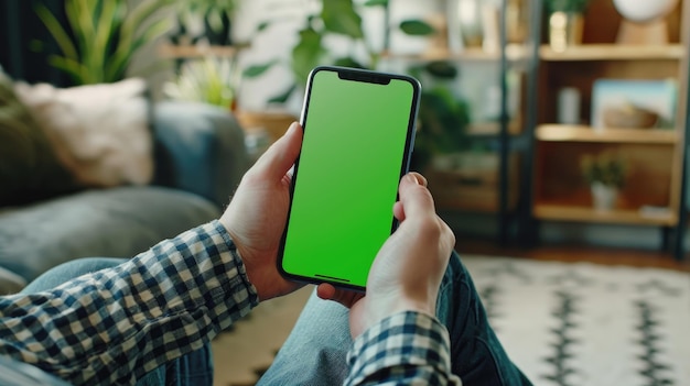 Image of cellphone with green screen template man sitting on sofa holding hands and looking at cell