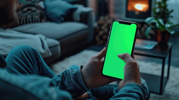 Image of cellphone with green screen template man sitting on sofa holding hands and looking at cell