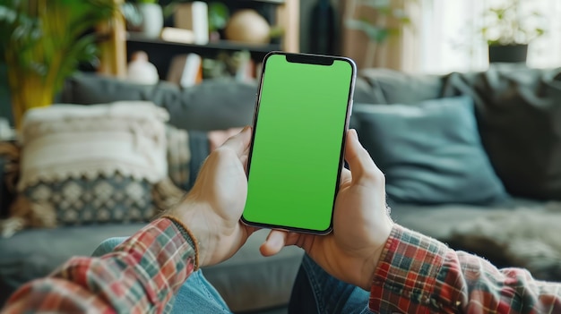 Image of cellphone with green screen template man sitting on sofa holding hands and looking at cellp