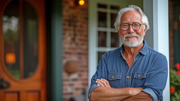 An image of a cheerful elderly man standing at the front door of his home