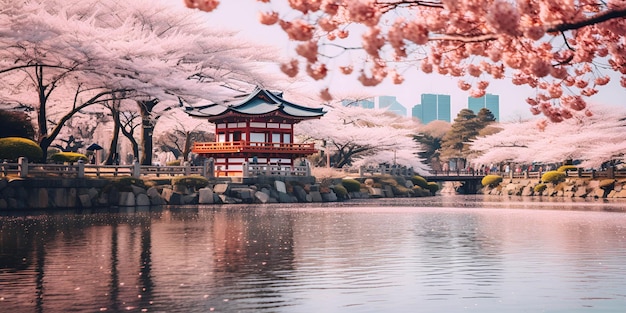 An image of cherry blossoms in bloom over a lake with a walking path and a city in the background