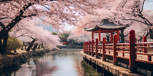 An image of cherry blossoms in bloom over a lake with a walking path and a city in the background