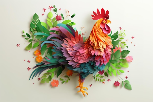 Image of a chicken surrounded by colorful tropical flowers Farm animals Illustration Generative AI