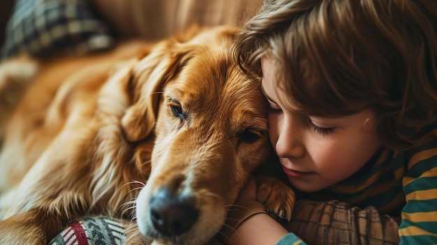 Photo an image of a child cancer patient receiving a gentle hug from a therapy dog highlighting the thera