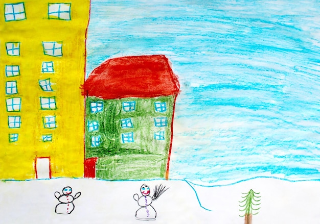 Image of children's drawing of houses and snowmen