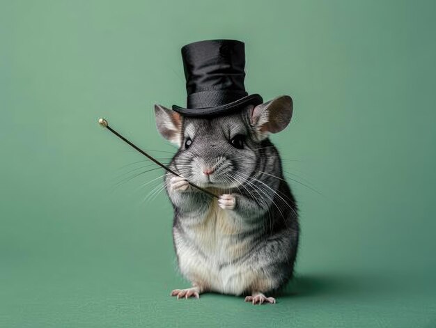 An image of a chinchilla dressed as a magician wearing a top hat and holding a wand performing a trick with flair against a solid emerald green background with room for customization