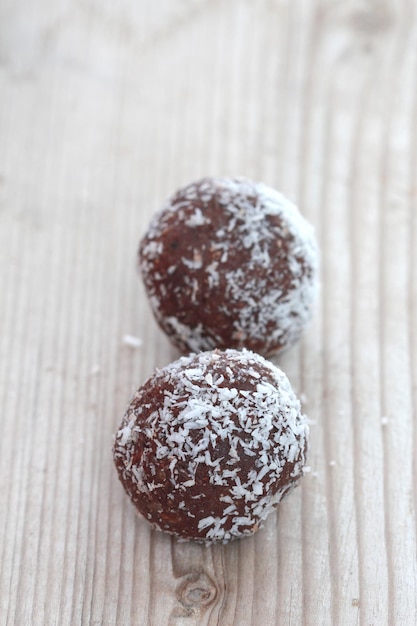 image of a chocolate balls on wood background