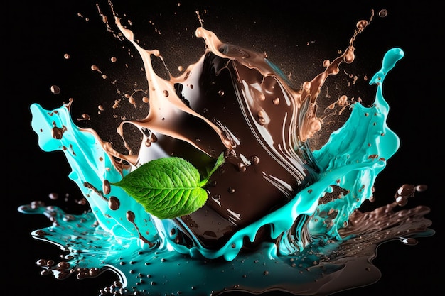 An image of chocolate and water splashing on black background Generative AI