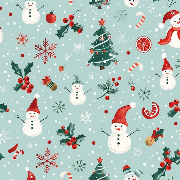 Photo image of a christmas pattern with snowflakes and chritmas tree generative ai