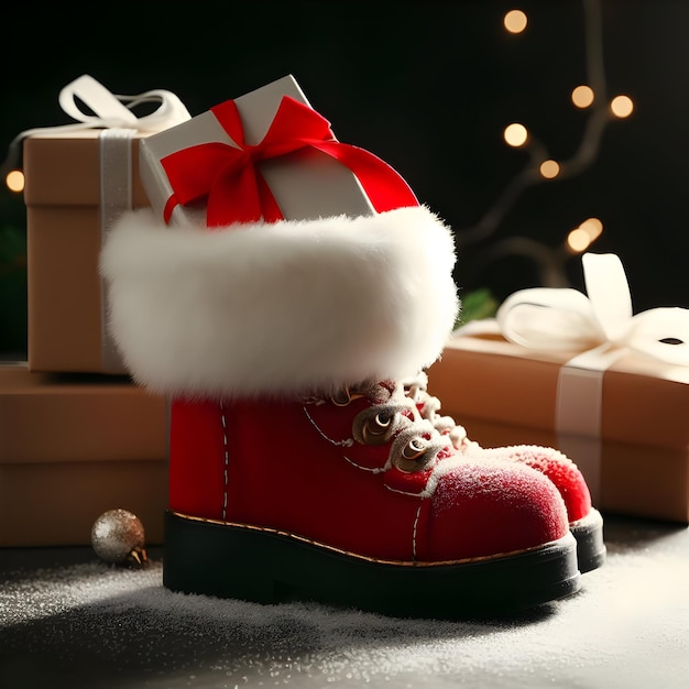 Photo image of christmas present boxes in santa's shoe on dark background