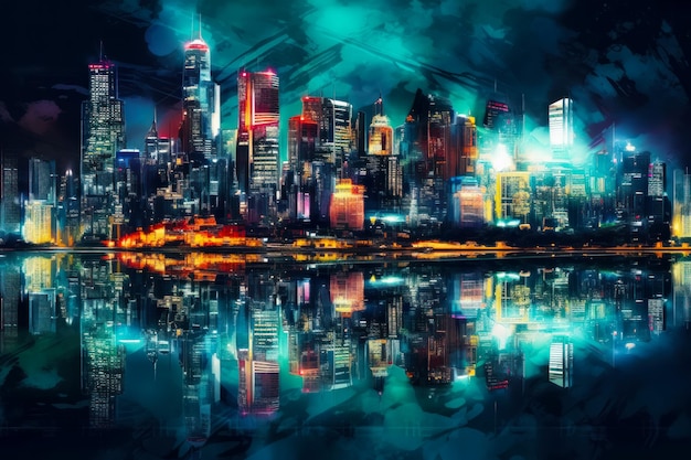 Image of city at night with reflection of the lights on the water Generative AI