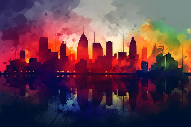 Image of cityscape with colorful sky in the background Generative AI