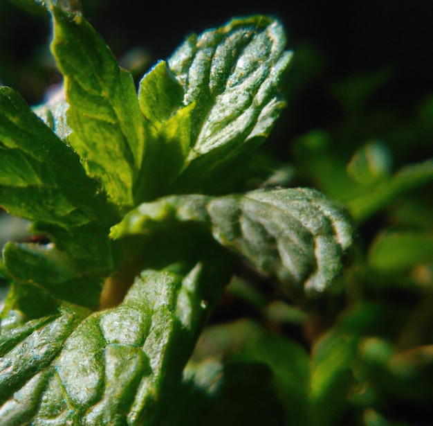 Image of close up of fresh green leaves mint plant on dark background