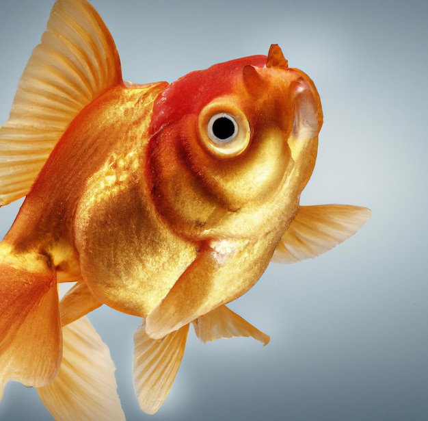 Image of close up of gold fish swimming in tank on grey background