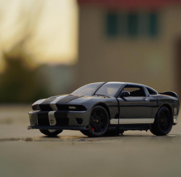 Image of close up of grey and white car model with house in background