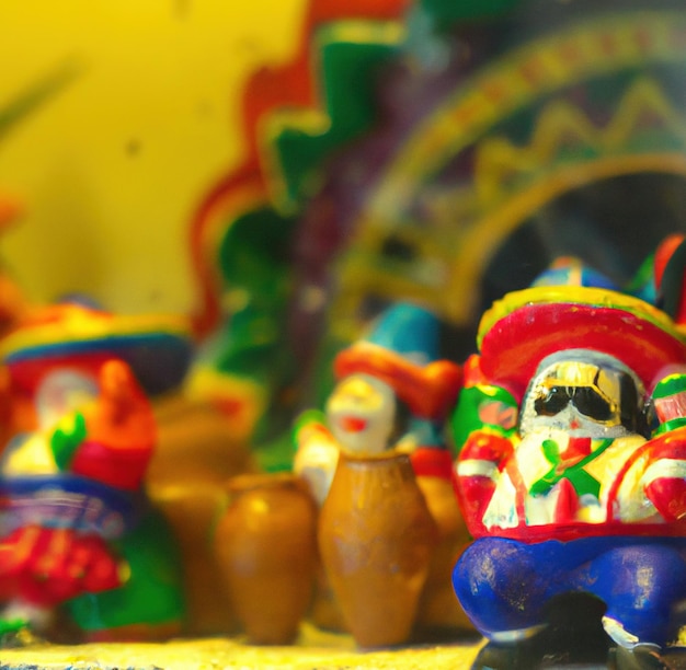 Image of close up of mexican decorated hand made vibrant coloured figurines