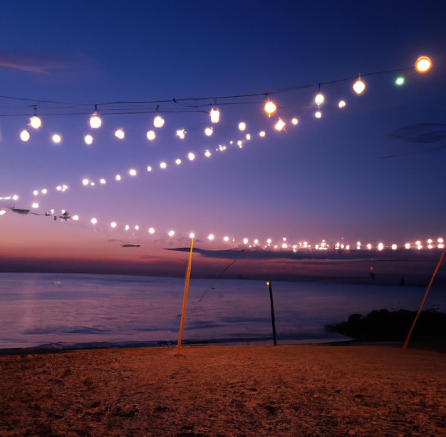 Image of close up of outdoor lights on string on beach at night