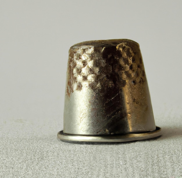 Image of close up of silver thimble on grey patterned fabric background