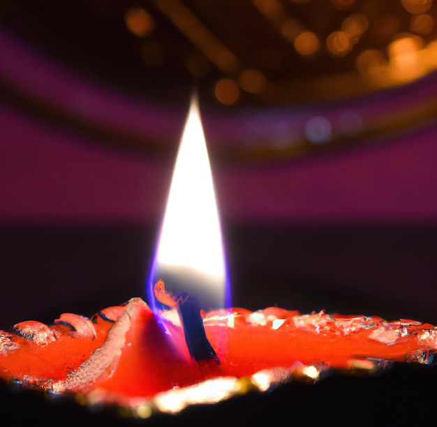 Image of close up of traditional lit indian candle on dark background