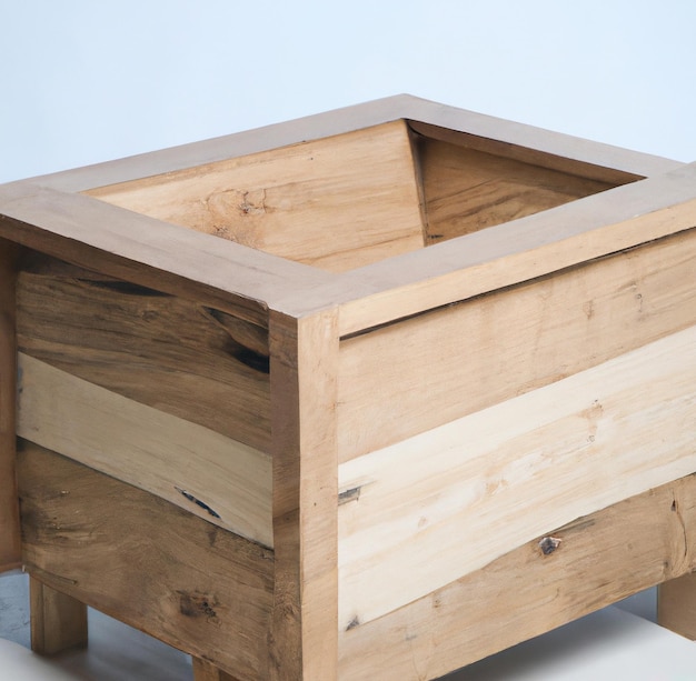 Image of close up of wooden box table on blue background