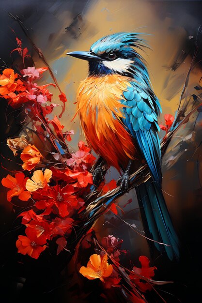 Image of colorful bird on branch with red flowers Generative AI