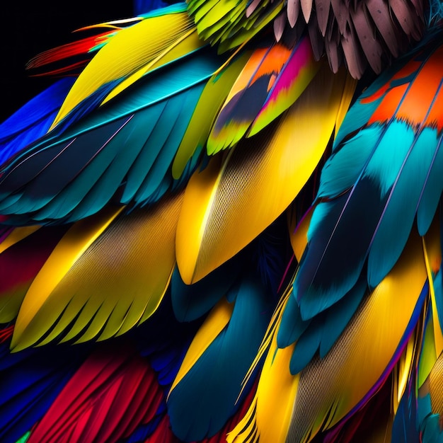 An image of colorful feathers on black background Generative AI